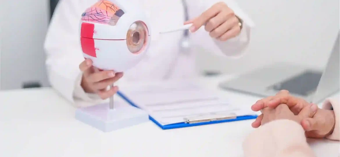 an eye specialist in Singapore explaining to an elderly patient about diabetic retinopathy treatment singapore