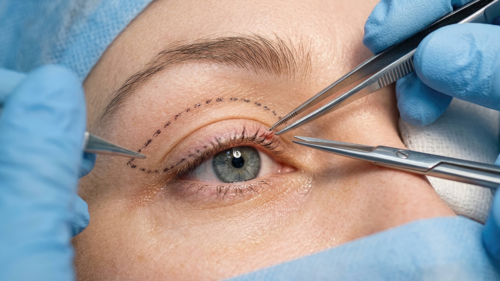 Droopy eyelid (ptosis) correction surgery with surgical instruments for medical or cosmetic reasons - Eye Max Centre