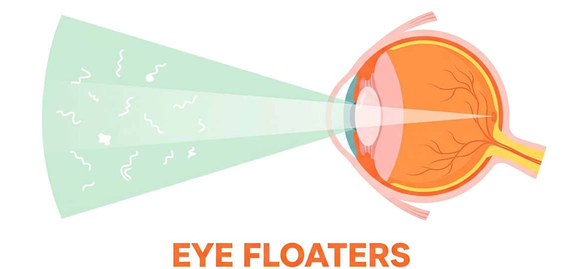 Eye diagram illustrating floaters in the vitreous, appearing as spots and thread-like shapes in the field of vision - Eye Max Centre