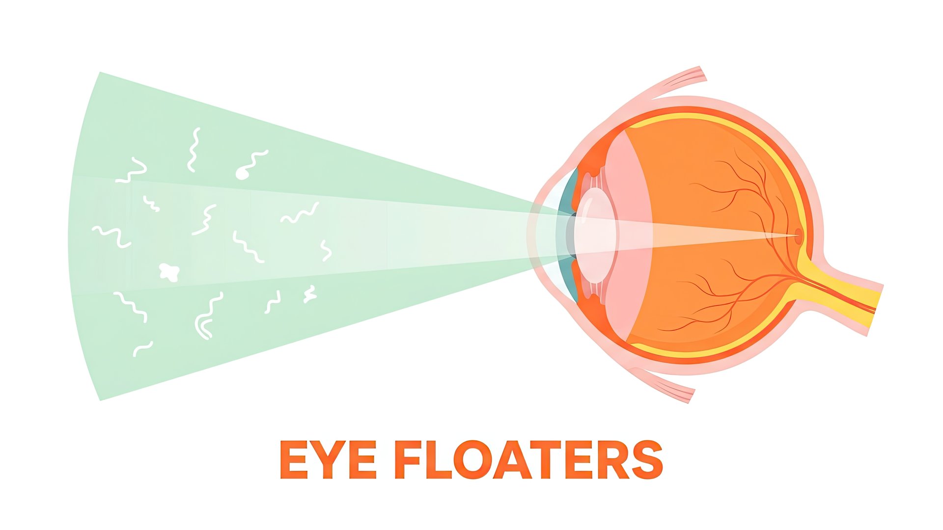 Eye diagram illustrating floaters in the vitreous, appearing as spots and thread-like shapes in the field of vision - Eye Max Centre